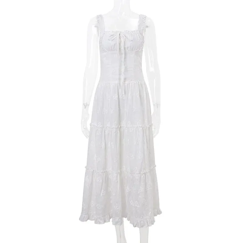 Y2K Simple Elegant Square-neck White Maxi Dress Summer Slim Lace Up Sleeveless Dreses French Party Beachwear Casual Vestidos