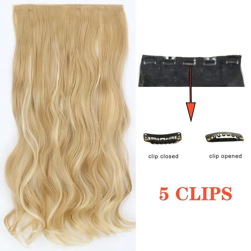 Synthetic Long Wave 5 Clips Hair Extensions Clips in High Temperature Fiber Black Brown Hairpiece