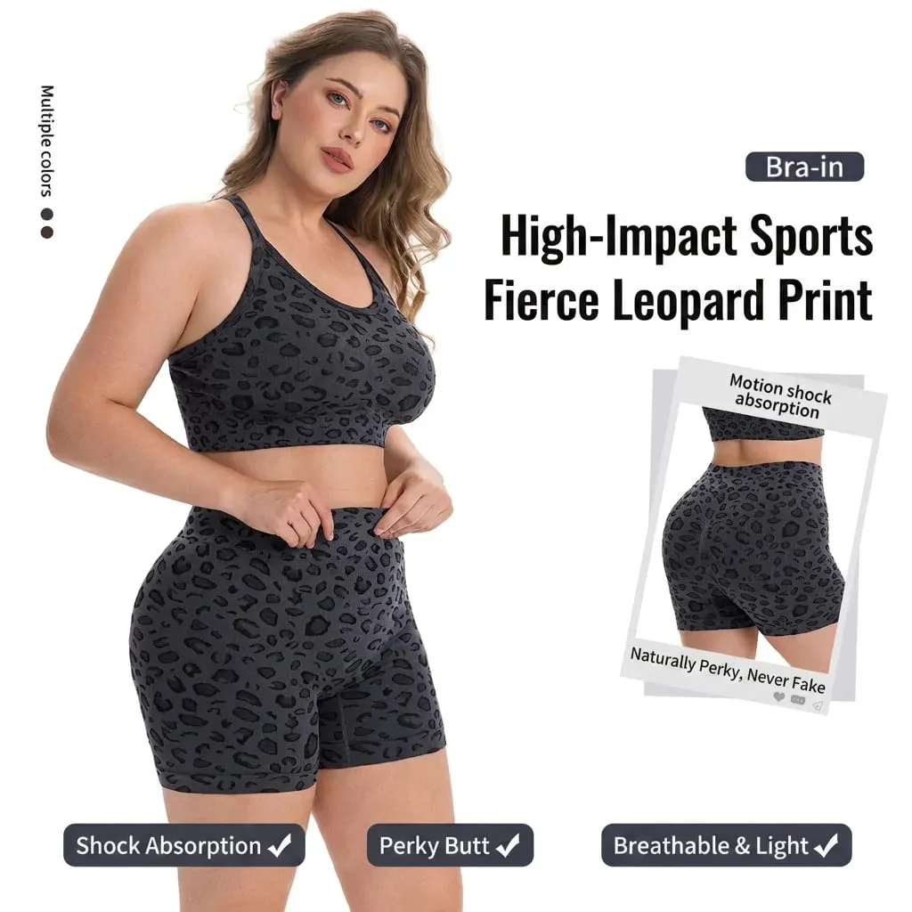 Women Plus Size Leopard Print Workout Set High Waist Tummy Control Shorts Padded Racerback Sports Bra 2PCS Gym Yoga Running Wear