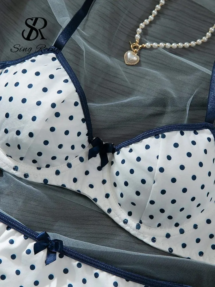 Set di biancheria intima con stampa a pois francesi Reggiseno con ferretto con cinturino da donna + slip dolci Hotsweet Biancheria intima vintage 2 pezzi