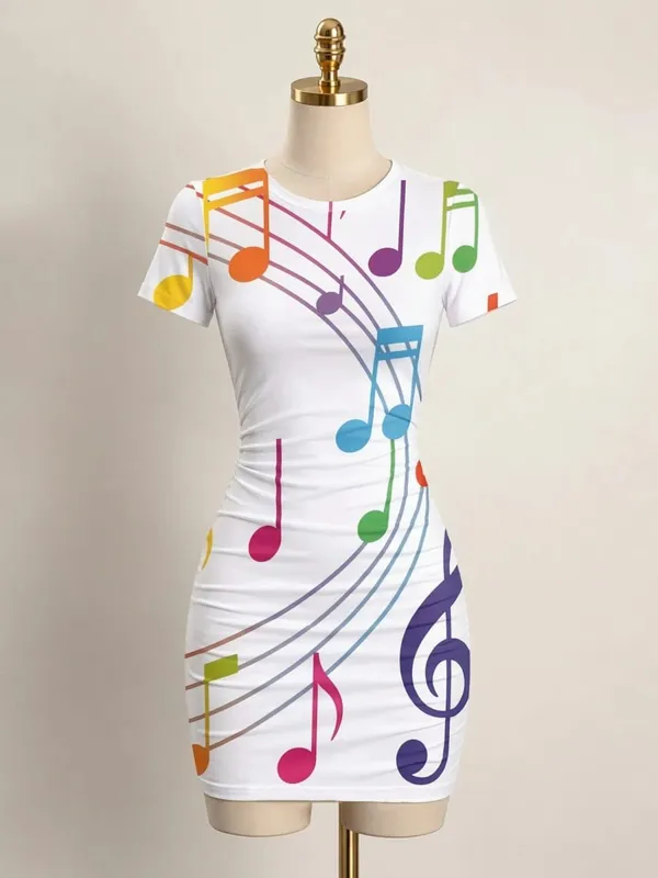 Womens Short Sleeve Bodycon Mini Dress Slim Fit Crew Neck Floral Print Casual Summer Party Cute Sweet Slimming Vacation Sundress