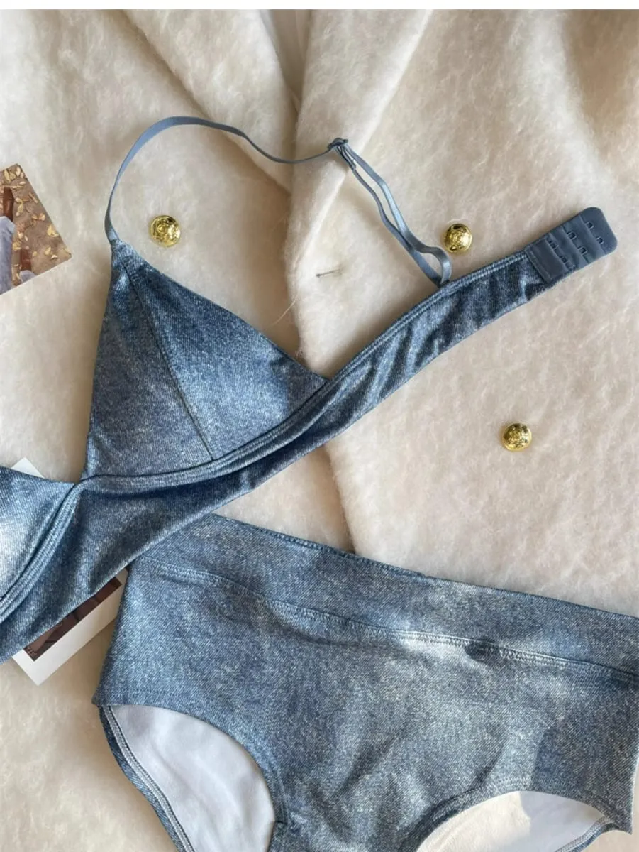 Triangle cup imitation denim thin section underwear female beauty back lingerie gathered to collect breasts comfortable bra set — image 4