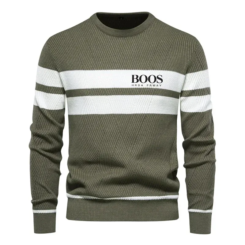 Embroidered Mens Boys Winter Stripe Sweater Thick Warm Pullovers Men's O-neck Basic Casual Slim Comfortable Sweaters