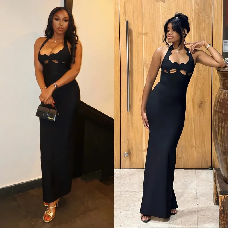 Vc preto halter vestido elegante para as mulheres 2025 novo verão festa à noite celebridade bodycon vestido longo vermelho marrom baile de formatura