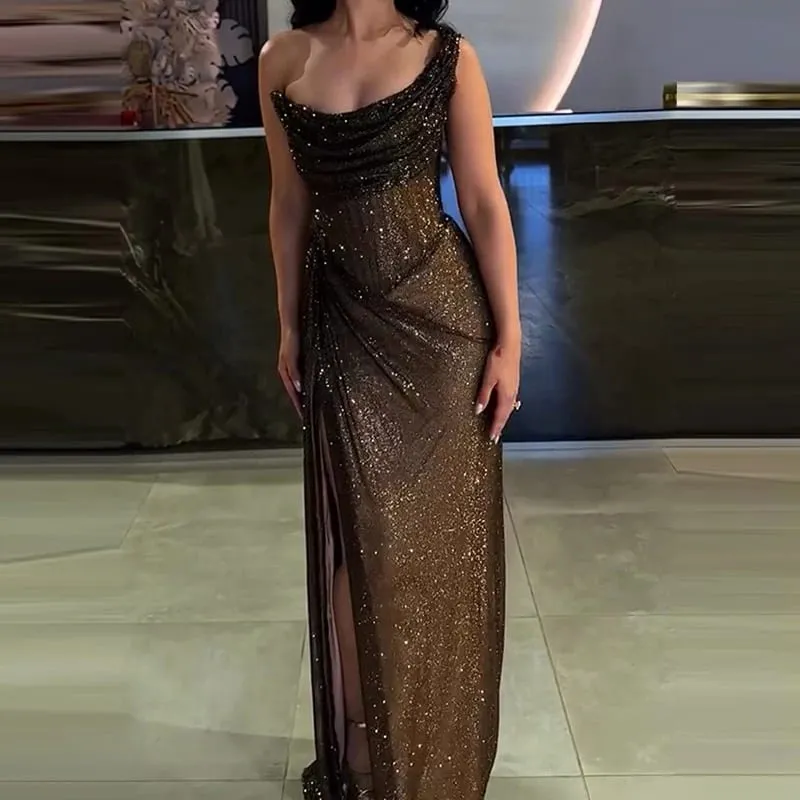 เซ็กซี่ Elegant ความยาวเต็มสูงแยกชุด Chic Girdling จัดเลี้ยง Maxi ชุดผู้หญิงหรูหราหนึ่งไหล่ Glitter Slim Dress