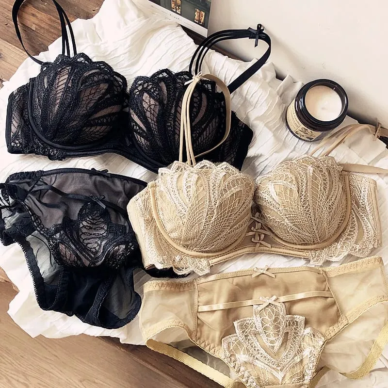 Sexy Embroidery Lace Shell Half Cup Small Breasts Push Up Bra Set Thicken Adjustable Pad Brassiere Panties Girls Underwear