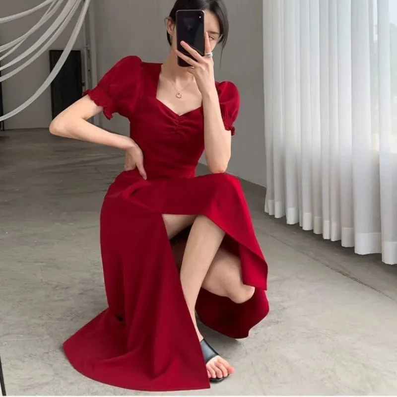 Vestido liso de manga corta con abertura elegante para mujer, Vestidos completos con cuello en V, cintura alta, ajustados, para fiesta de noche