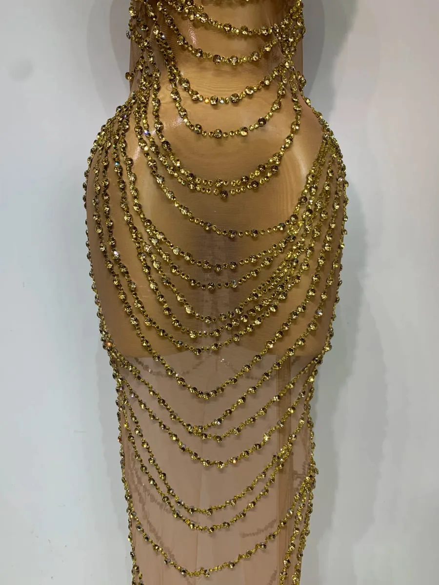 Abito lungo in maglia trasparente sexy con strass scintillanti 2025 Costume da spettacolo per cantante di scena per compleanno di lusso da donna