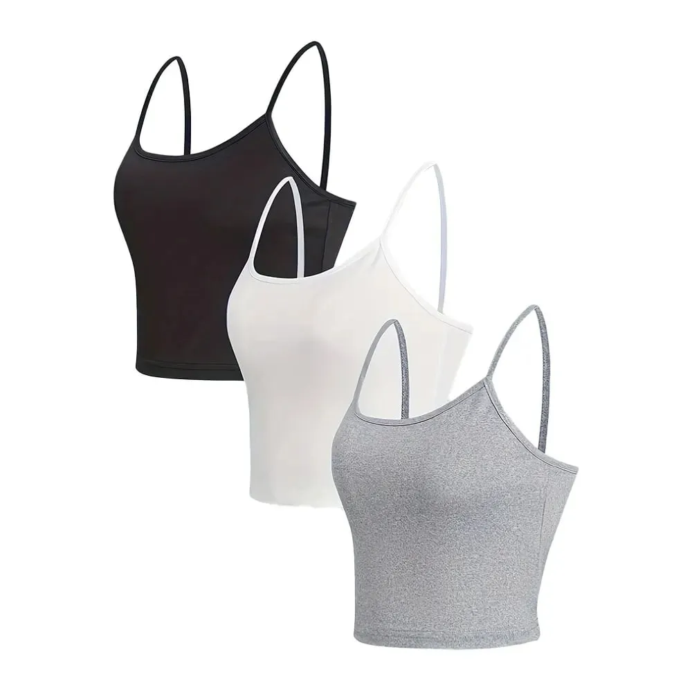 3 Pack Solid Color Cami Top Versatile Slim Backless Spaghetti Strap Top For Summer Women's Clothing