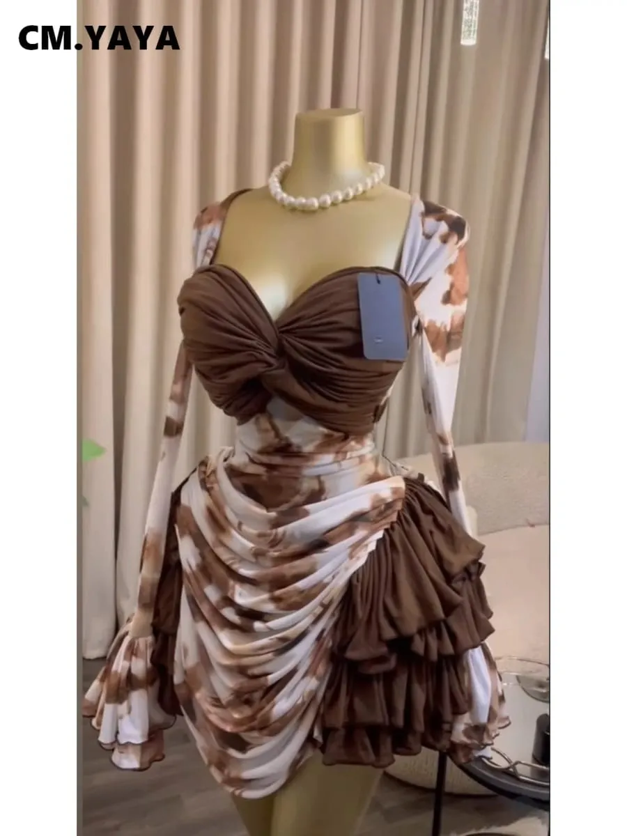 CM.YAYA Donna Tie Dye Stampa Cascata Ruffles Campana Manica lunga Aderente Increspato Drappeggiato Abito con scollo a V Vacanza al mare Abiti da vacanza
