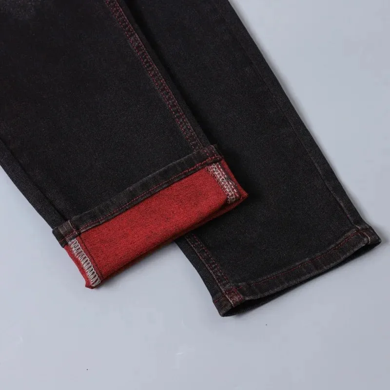 Men's Black Stretch Jeans for Spring and Fall Denim Pants with Red Ripped Details Asian Sizes 28–42.