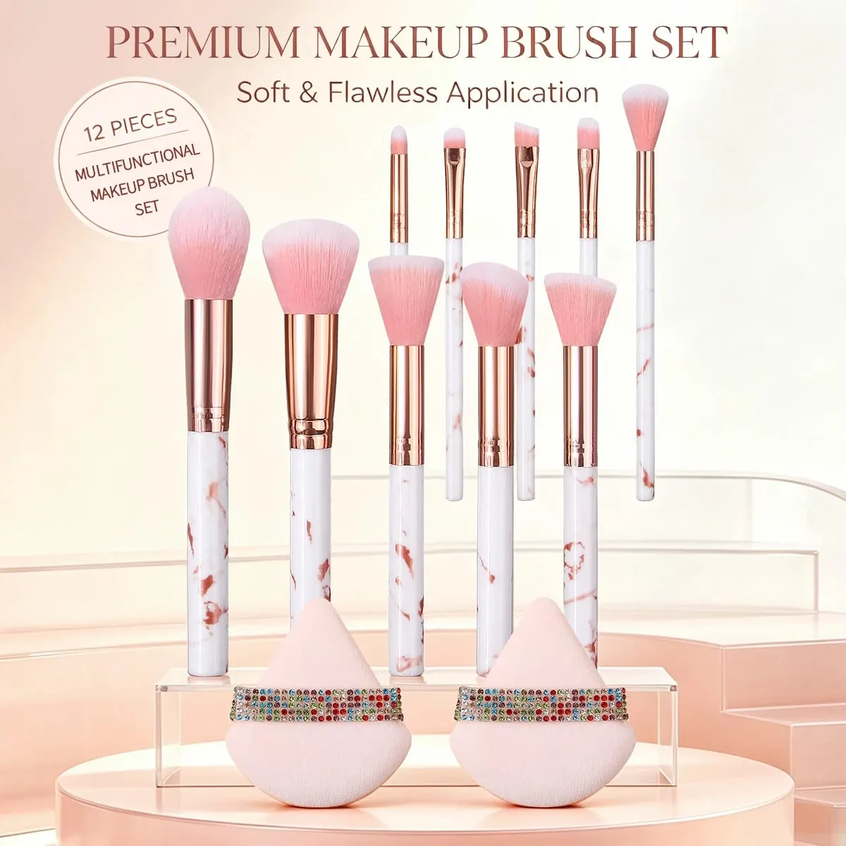 12Pcs Professional Makeup Brush Set with 2 Makeup Puff Soft Cosmetic Brushes for Powder Blush Eyeshadow Complete Makeup Kit — image 1