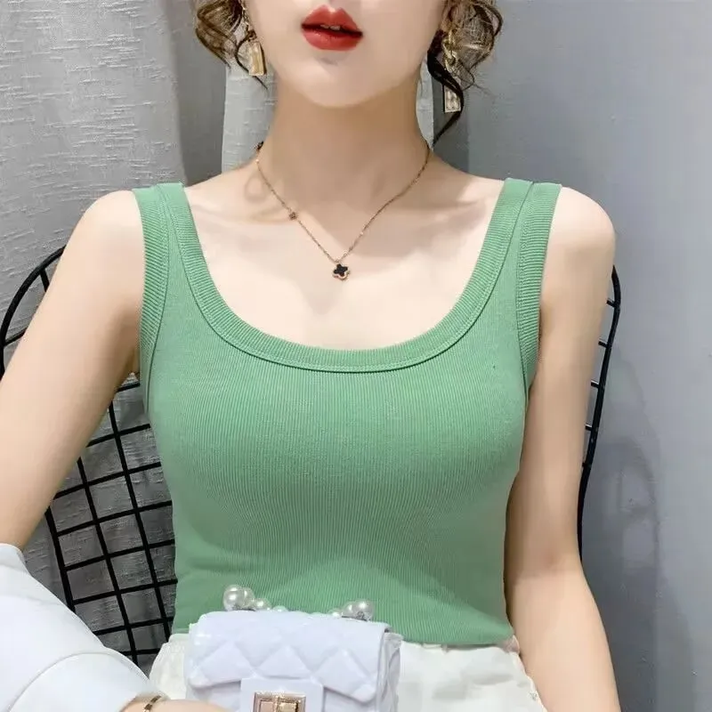 2023 Summer Women Basic Ribbed Knitted Tank Top Solid Color Sleeveless T-shirts Casual Camis Green Blue Elastic Female Tops