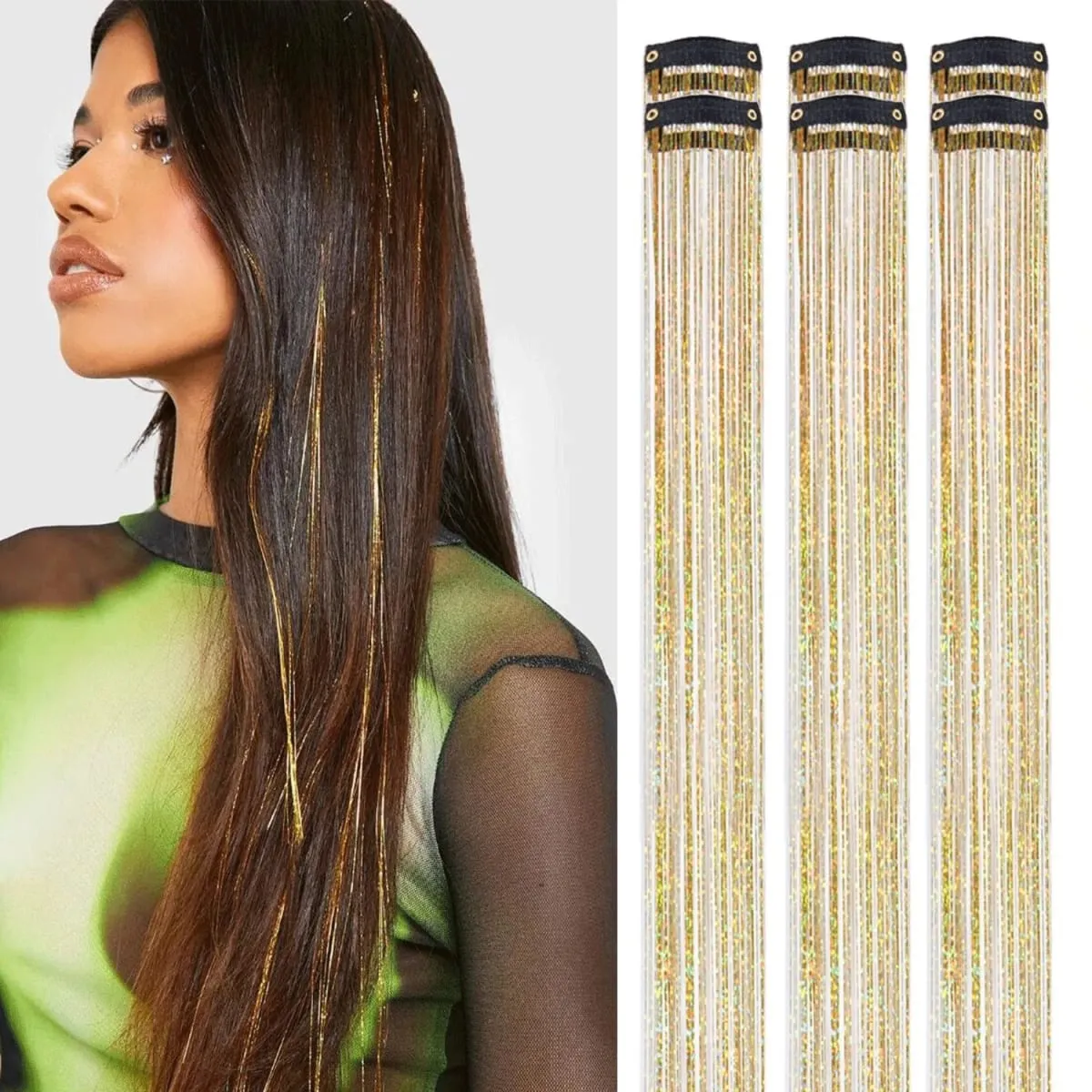 6/12Pas Synthetic Hair Tinsel Clip in 20Inch Glitter Tinsel Hair Clip in Hair Tinsel Kit Heat Resistant Shiny Sparkle Fairy Hair — image 6