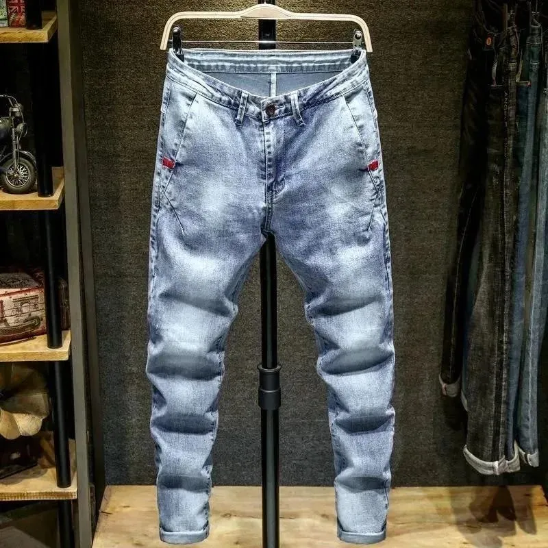 Spring and Autumn Trend Solid Color Straight Leg Stretch Denim Jeans Men's Casual Slim Fit Comfortable Sports High-Grade Jeans