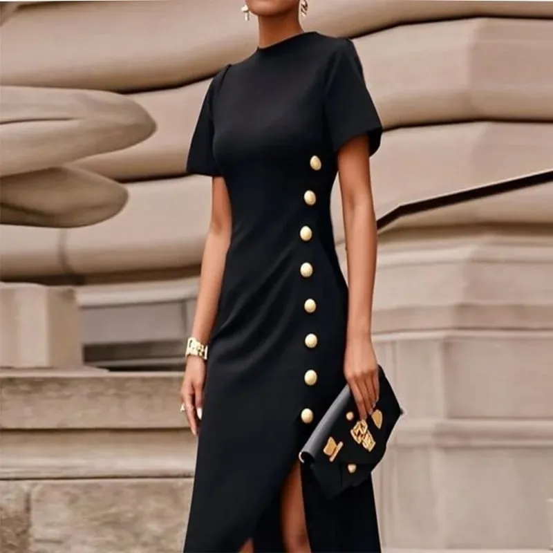 Modigirl Wedding Black Dresses for Women Gold Button Clothes Asymmetrical 2025 Summer Woman Short Sleeves Party Maxi Dresses