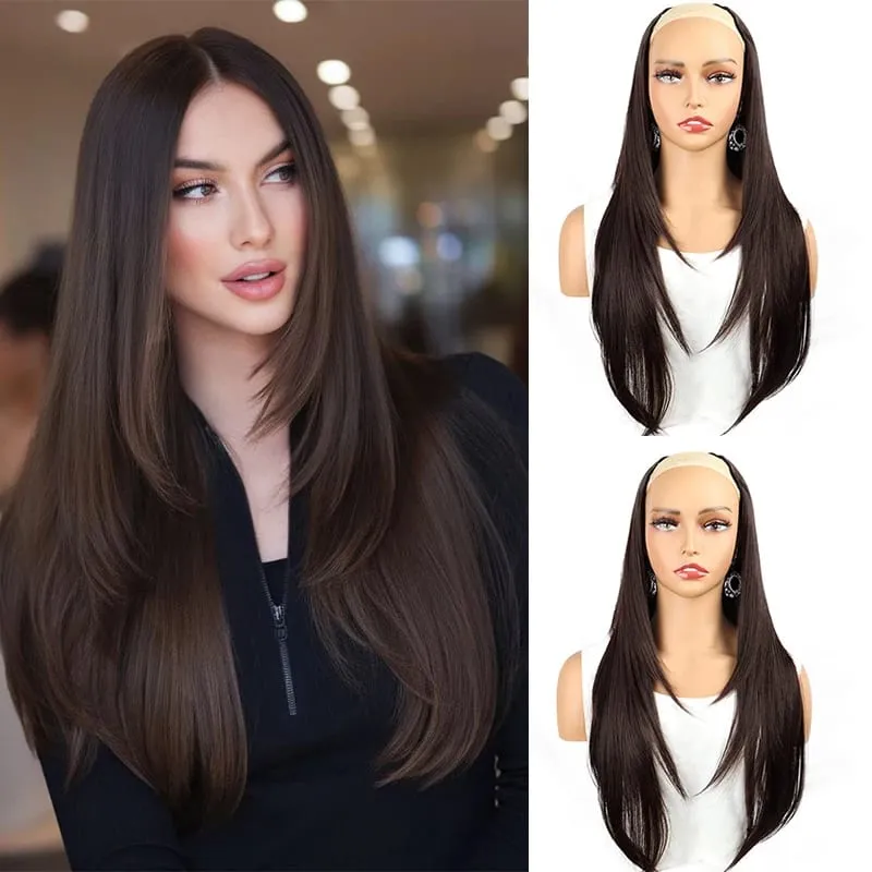 Long Straight Clip-in Hair Extensions Synthetic U Part Hairpieces for Women 22 Inch Gorgeous Fluffy Layer Wigs Party Daily Use
