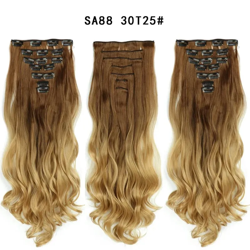 Clip in Long Wavy Synthetic Hair Extension 22 Inch Black 7PCS Thick Hairpieces Fiber Double Weft Hair for Women