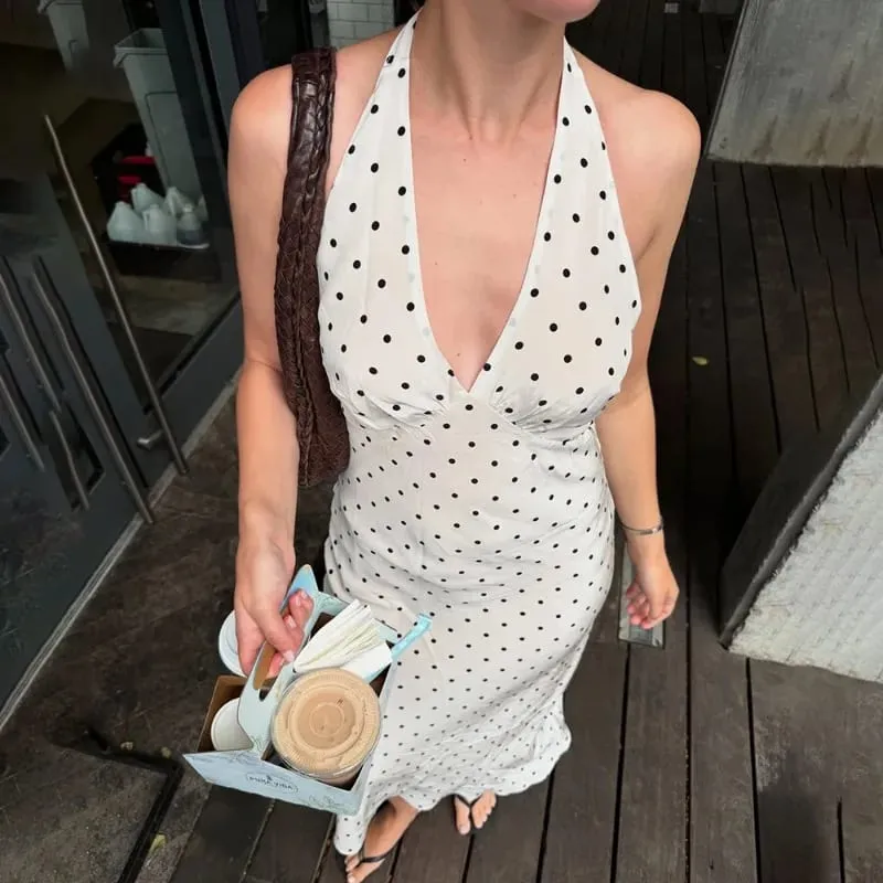Tuularose Polka Dot Gantung Leher Gaun Panjang Wanita Elegan Tanpa Tali Seksi Lace-up Tanpa Belakang Tanpa Belakang Pakaian Pesta Kelab Fesyen
