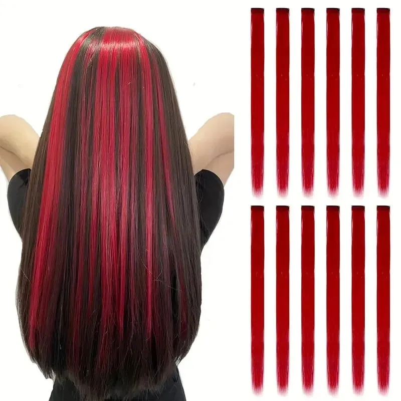 12 Pcs Colored Hair Extensions: Straight Hairpiece Multi-Color Party Highlights Clip-in Synthetic Hair Extensions for Women