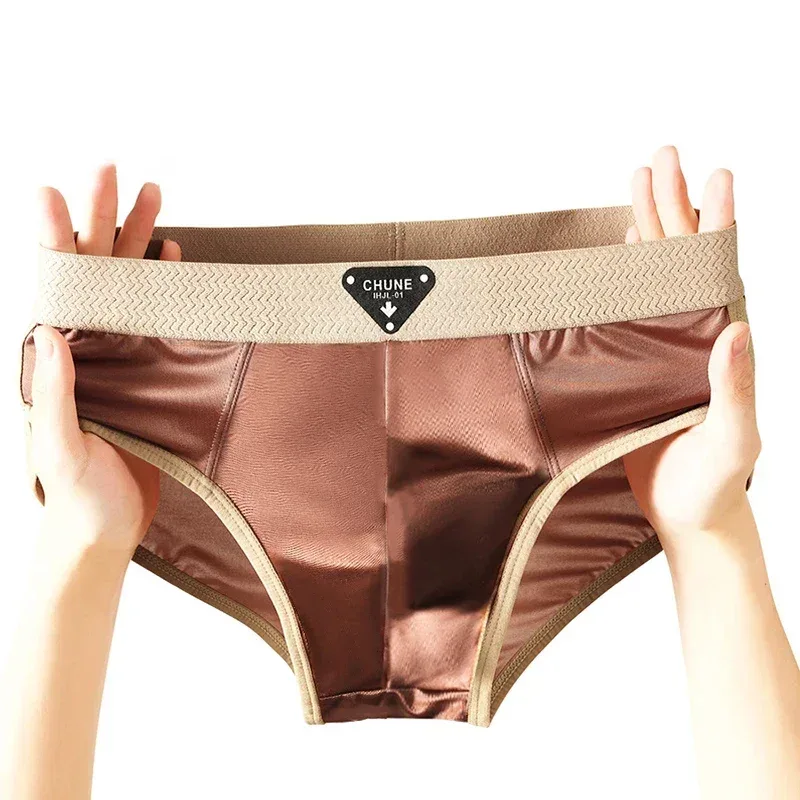 Slips en soie glacée pour hommes, sous-vêtements semblables à du Satin, sous-vêtements d'été respirants à séchage rapide, sous-vêtements Sexy avec pochette en U, 1/3 pièces