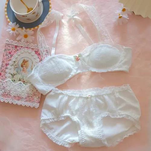 Vintage iç çamaşırı prenses beyaz dantel iç çamaşırı pamuk balenli sütyen ve külot seti japon küçük göğüsler seksi ve sevimli Bralette