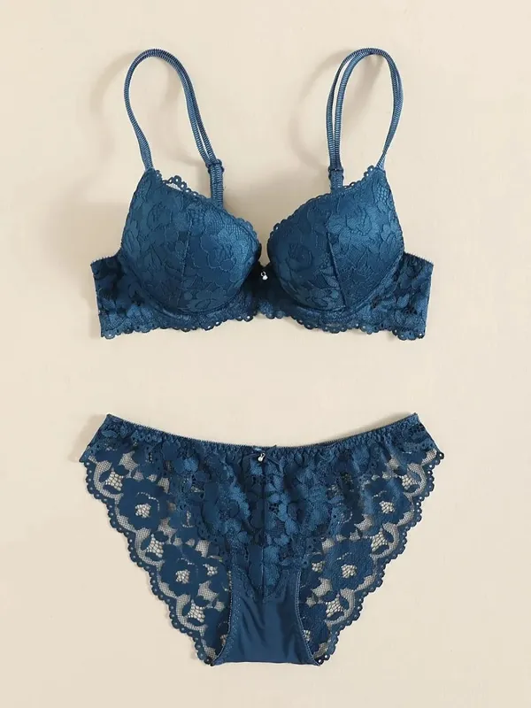 1 Set Elegant Lace Embroidery & Breathable Fabric Lingerie Set: Push-Up Bra Drop Waist Sheer Panty - Ultimate Valentine's Day