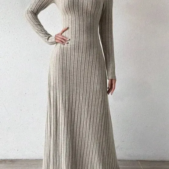 Fashionable Knitted Long Sleeve A-Line Dress Slim Fit Solid Color Street Style Women's Dress Comfortable Casual Elegant Commute