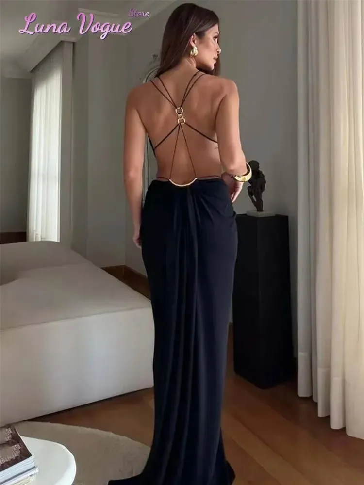 Solid Color Spaghetti Strap Sleeveless Maxi Gown Women Sexy Deep V Cutout Waist Ruched Evening Dress Summer Elegant Party Wear