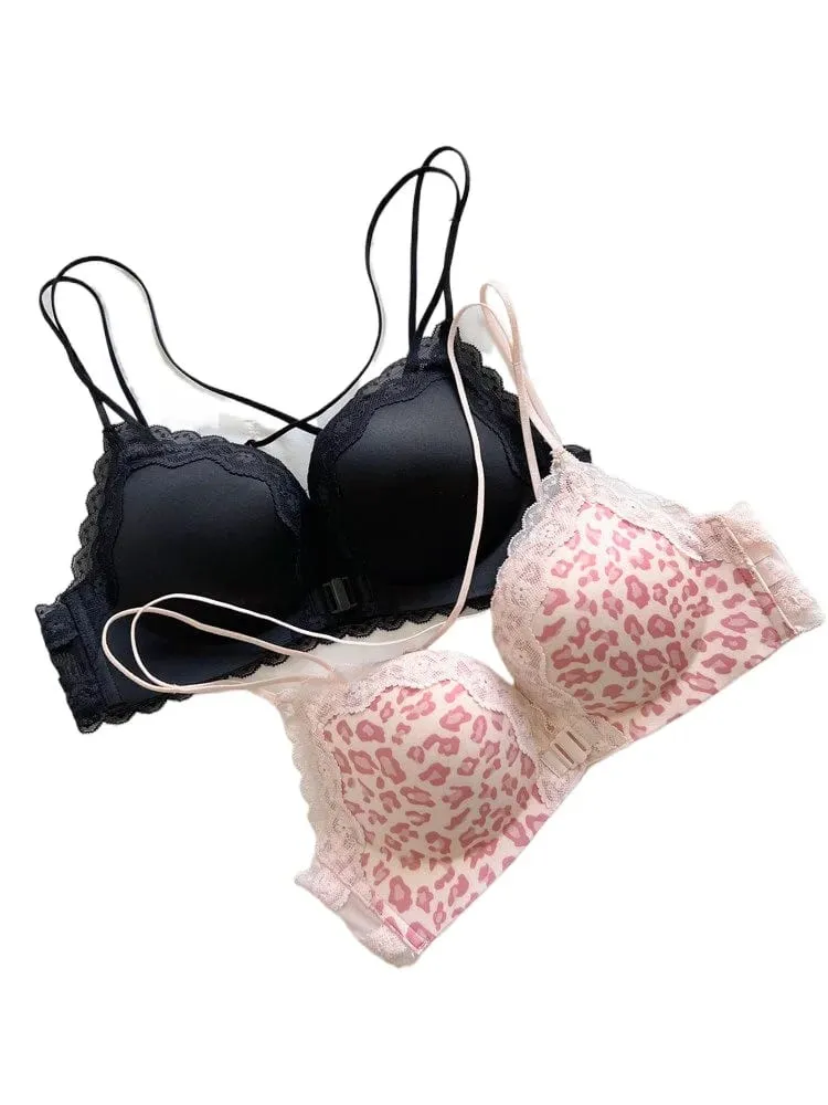 Pink Leopard Front Closure Bra Set Victoria Style Wireless Bra Push Up Enhance Bust 매력적인 Back Design for Small Bust Women