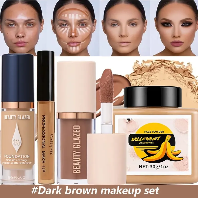 4pcs Face Makeup Set:High-Coverage Concealer Lightweight Foundation 3D Contouring Cream And Oil-Controlling Setting Powder