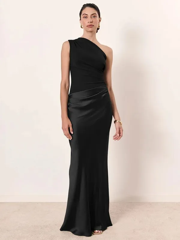 Mozision Satin Inclined Shoulder Sexy Maxi Dress Women Fashion Patchwork Sleeveless Backless Bodycon Evening Club Party Dress