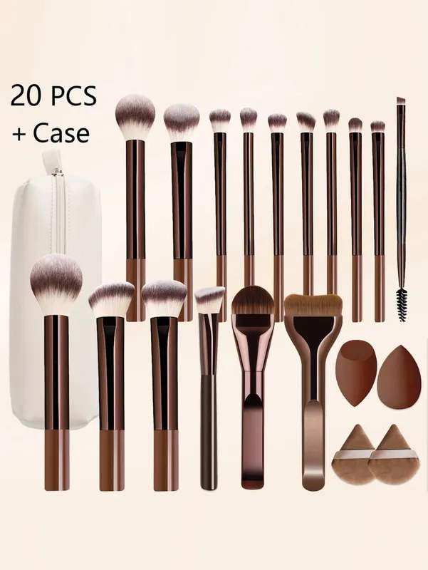 20 PCS Makeup Brush Set With Case Soft Bristles Foundation Powder Blush Concealer Eyeshadow Brush CRUELTY-FREE & VEGAN