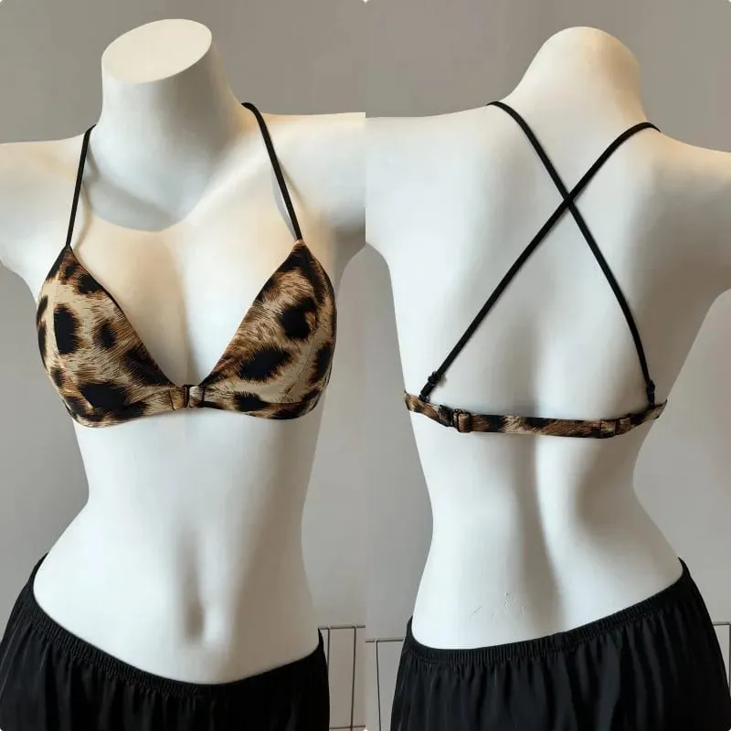 Hot Sale Leopard Print Bra French Triangle Front Closure Thin Beauty Back Spaghetti Strap Comfy Lingerie For Women Summer Daily