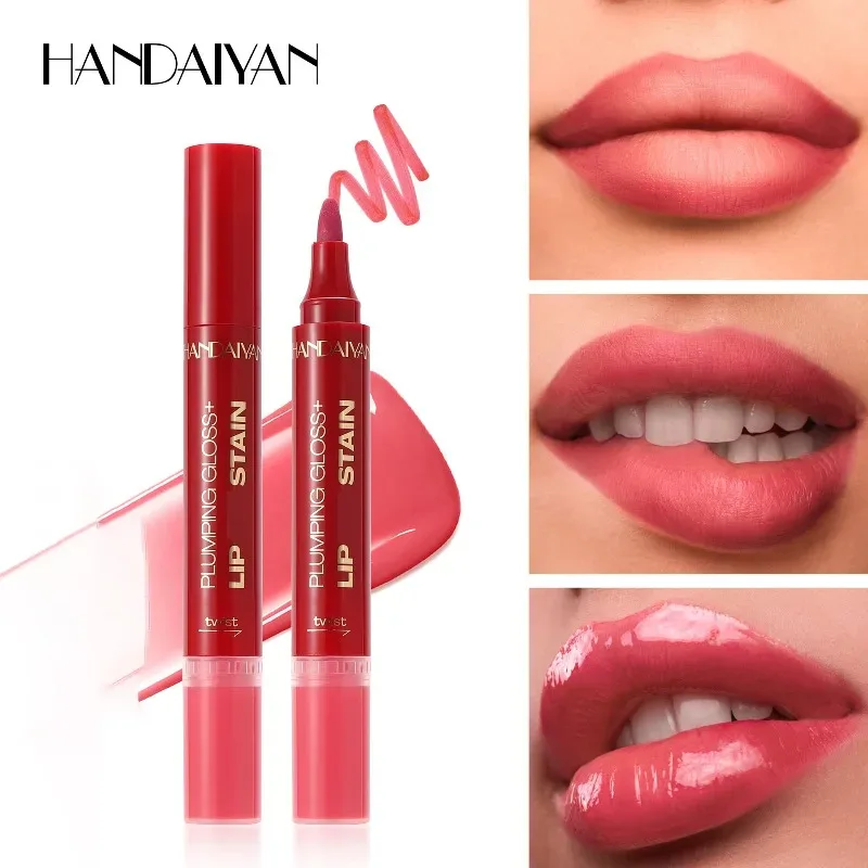 Double-headed Liquid Lip Gloss Pen Lip Contour Liner Oil 2 in 1 Lip Glaze Long Lasting Moisturizing Plumping Lips Stain Makeup