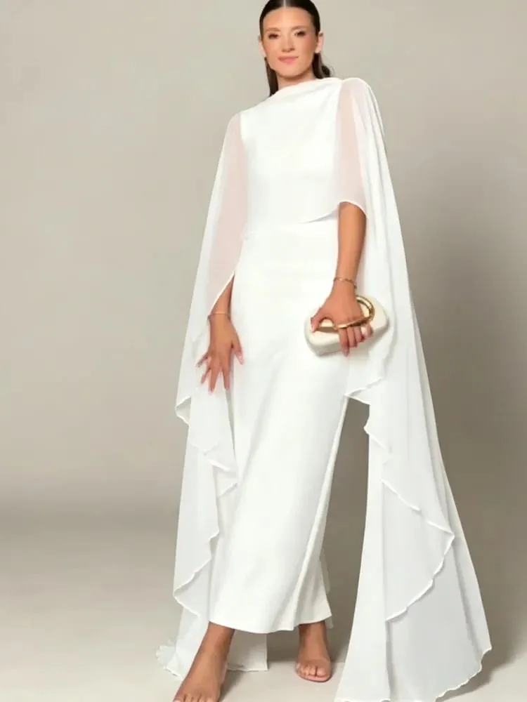 Sheer Cape Round Neck Maxi Dress For Woman Open Back Solid Plain Design Skirt Elegant Wedding Formal Evening Female Long Robes — image 4