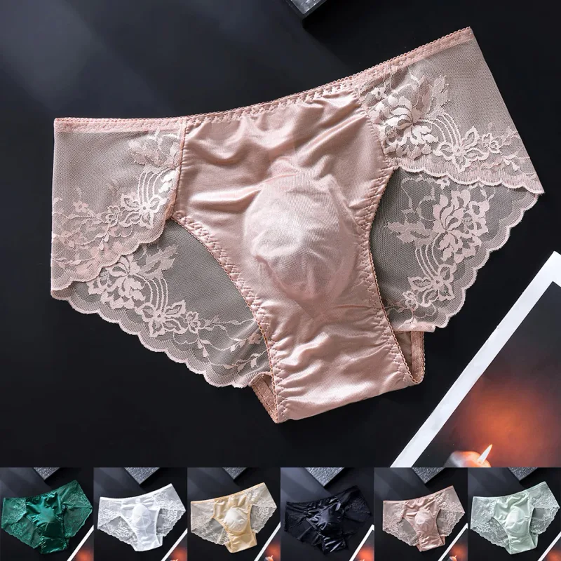 Cuecas masculinas de renda sem costura cuecas de seda gelada 3D bolsa com protuberância calcinha gay de cintura baixa