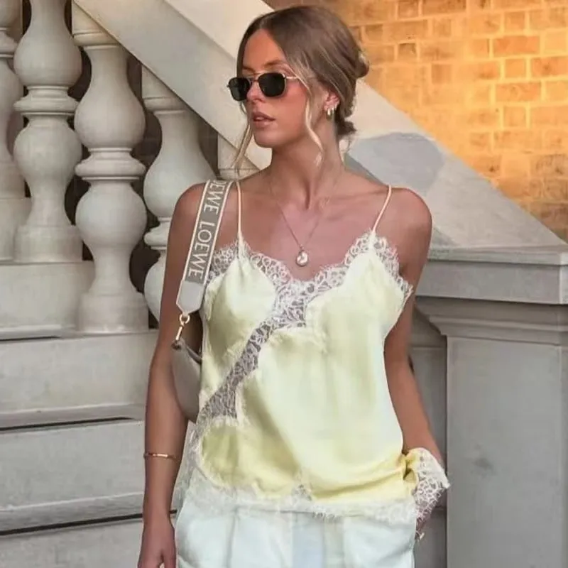 2025 Babae Asymmetrical Slip Top Babae Sexy Black Yellow Blue Top Lace Tanks & Camis Chic Y2K Sleeveless Backless Camisole