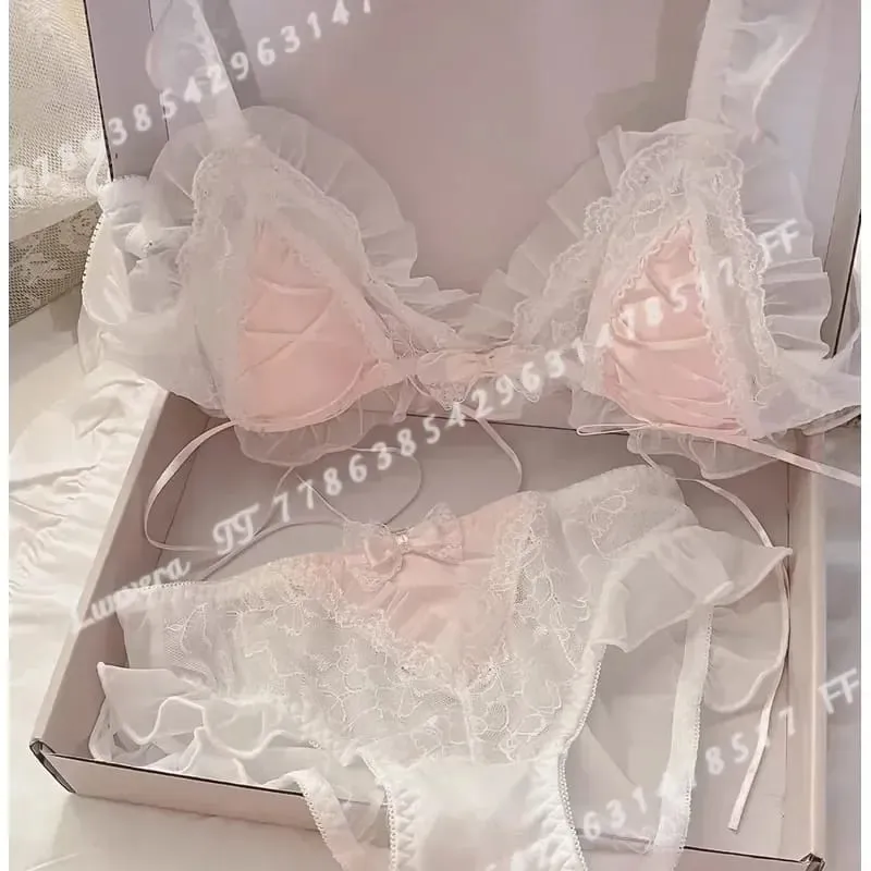 Lolita Style Thin Lace Triangle Cup Bra Set for Women Cute Small Bust Sexy Lingerie Underwear