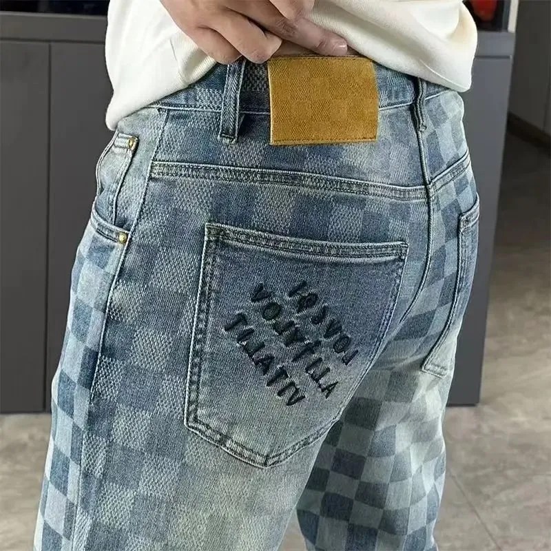 Spring Summer Checkered Jeans From Trendy Brand Versatile Men's Straight-leg high-end loose Casual Straight Stretch Pants