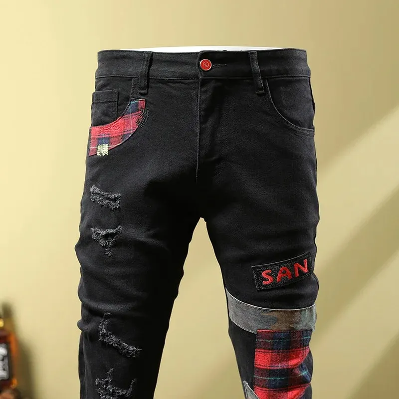 Men's Ripped Jeans with Patchwork Design Slim Fit Skinny Spring Trendy Street Motorcycle Style Black Long Pants