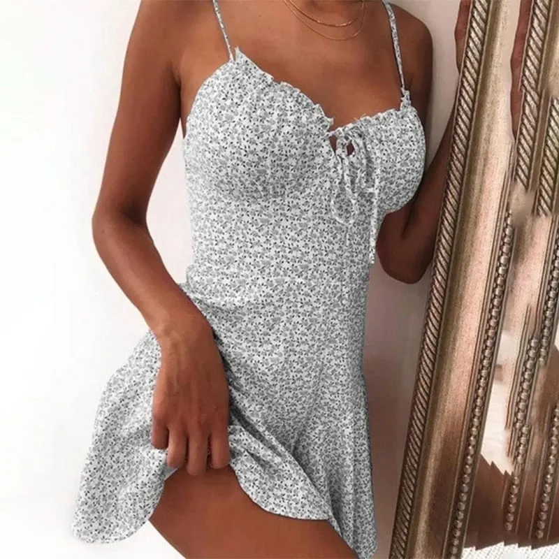 2023 feminino verão cinta de espaguete floral impressão gravata frente mini vestido y2k sexy vestido patry praia estilo novo all-match saia floral — image 3