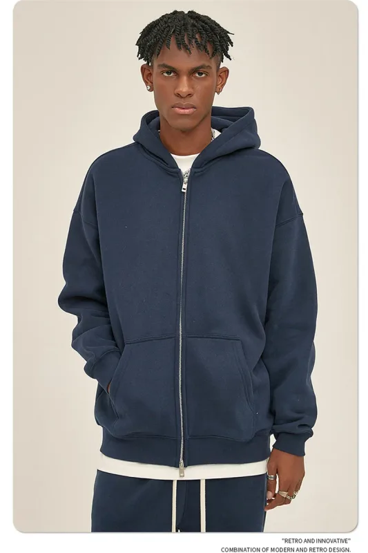 New Men Double Headed Zipper Fleece Hoodies Unisex Loose Basic Solid Warm Hooded Sweatshirts Coats For Winter HY0633