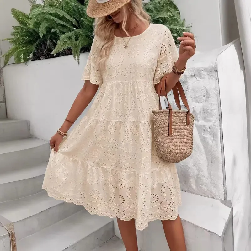 Nữ Trắng Silicon Thêu Đầm Midi Khoét Hở Boho Flowy Xù Tầng Váy Đầm Ngắn Tay Đi Biển Mùa Hè Áo — image 12