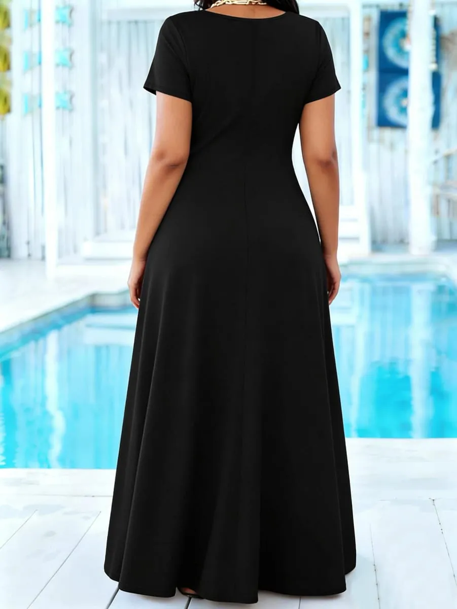 Plus Size Women's Solid Black Maxi Dress Summer Casual Short Sleeve Crew Neck A Line Flowy Long Dress With Pocket Beach dresses