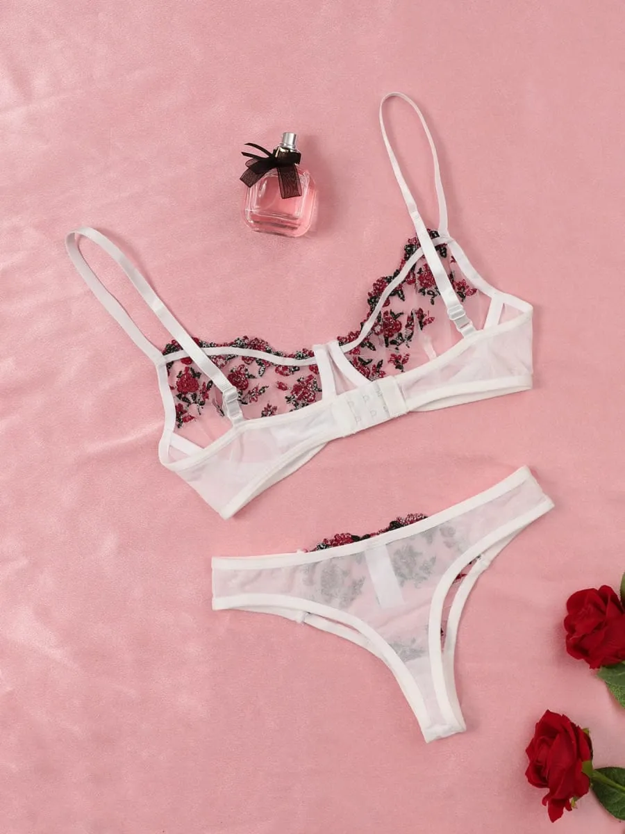 Conjunto de sujetador y bragas de lencería de encaje sexy, ropa interior para mujer, conjunto de Bralette con bordado de flores