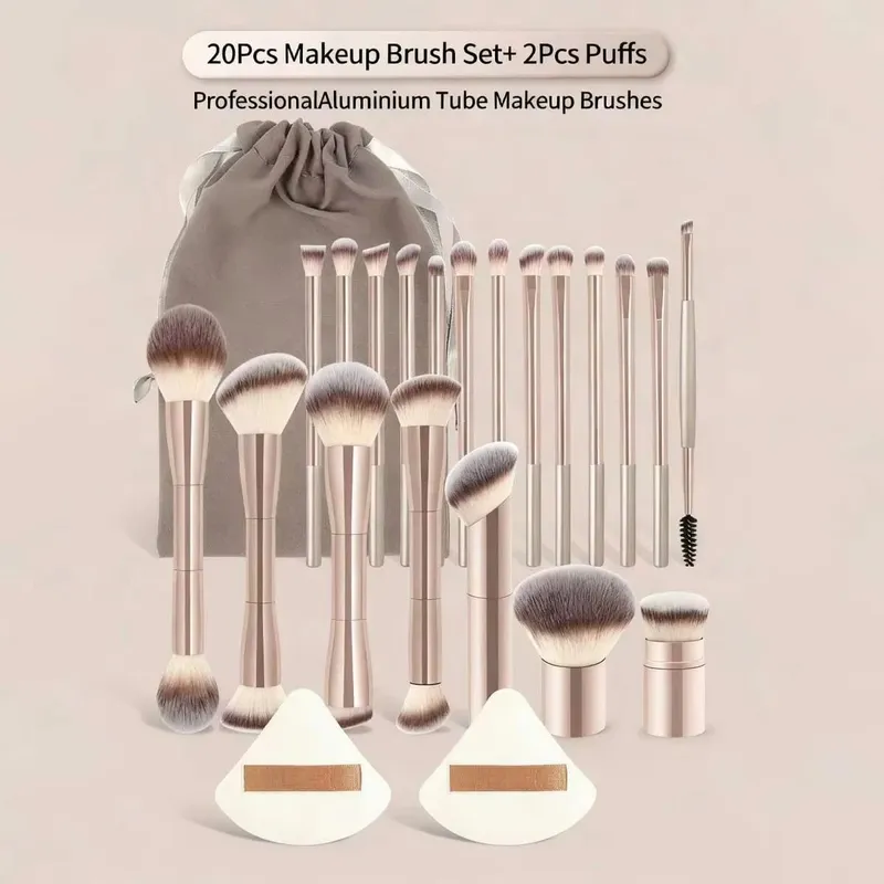 22-piece professional makeup tool set including a velvet storage bag 20 soft long aluminum tube brushes + 2 powder puff — image 6