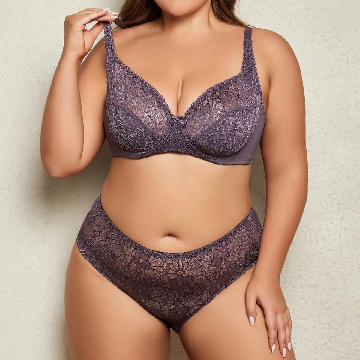 Female Big Size Lace Lingerie Set Bra with Wire Unlined Thin Breathable Bra and Panties Set 85C-110E — image 5