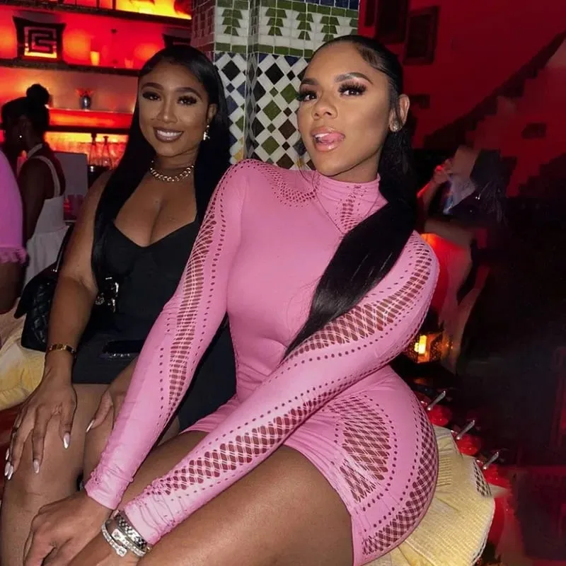 Vrouwen Sexy Hollow Out Mini Jurk Mesh Lange Mouw Naadloze Party Clubwear Bodycon Uitsparing Mini Jurk