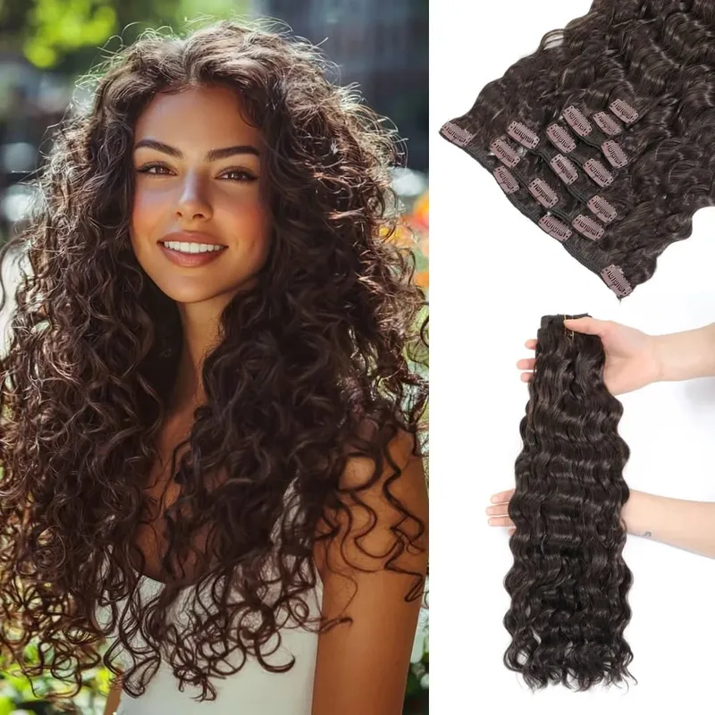 12A Curly Clip in Hair Extensions Brown Water Wave Real Remy Human Hair Clip in Extensions for Women Curly Clip Ins 7pcs 120g